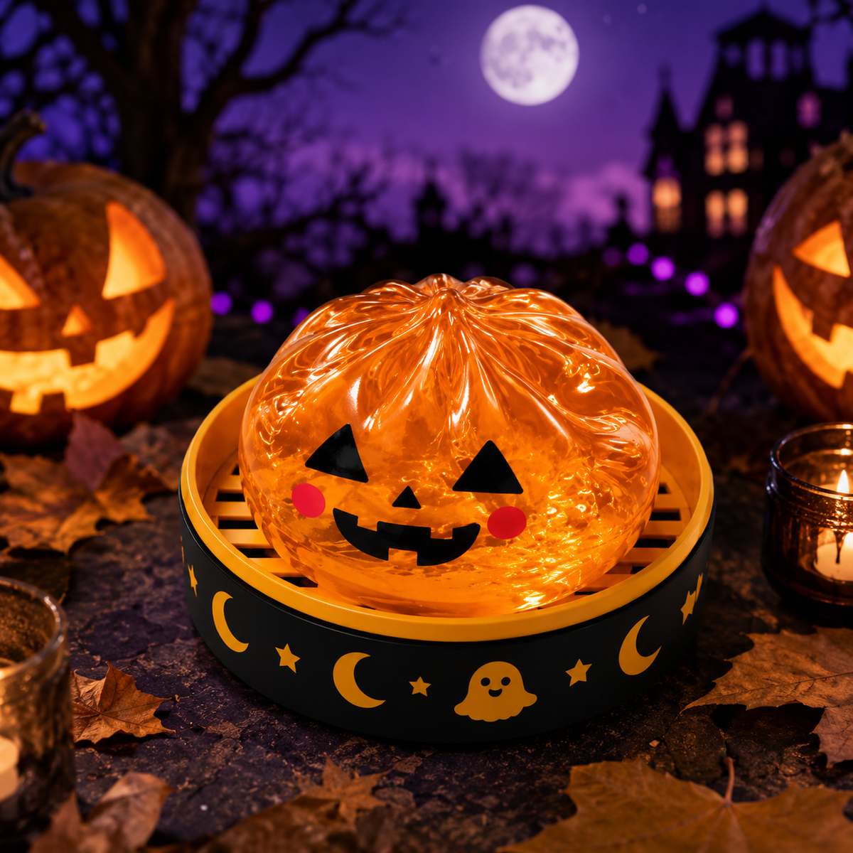 Orange pumpkin dumpling squishy on a Halloween steamer base