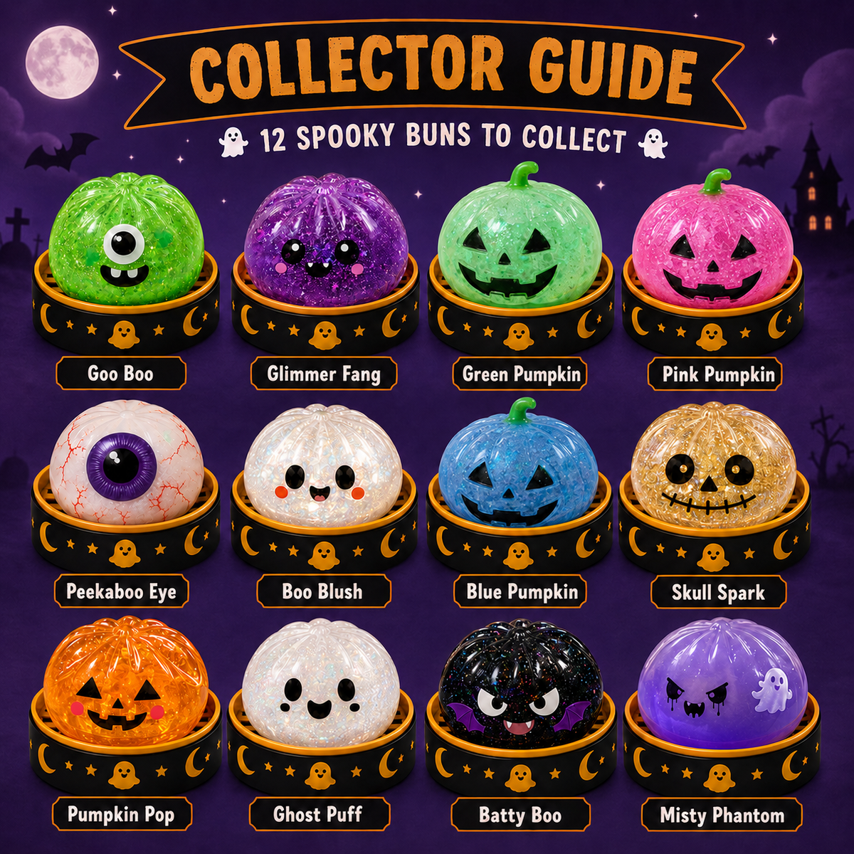 Collector guide showing the 12 Halloween dumpling squishy designs