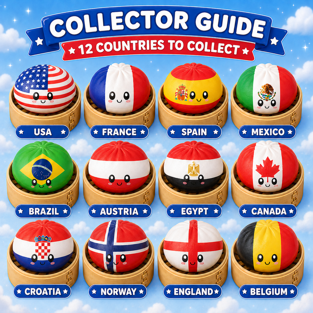 Collector guide showing 12 country flag dumpling squishies