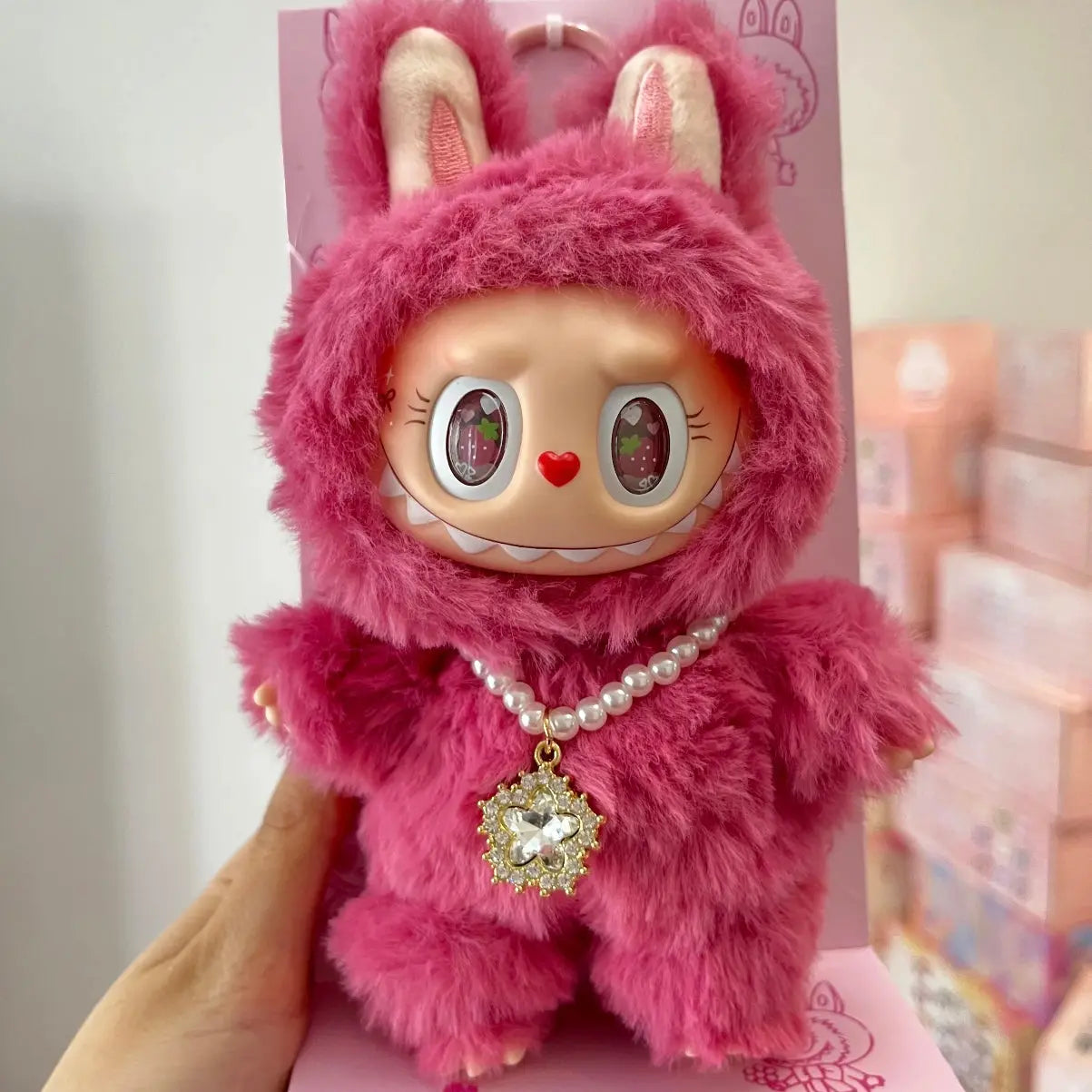 Pink Strawberry Bear Labubu – Artist Custom Plush Toy Handmade from Authentic V1 Macaron Series Doll